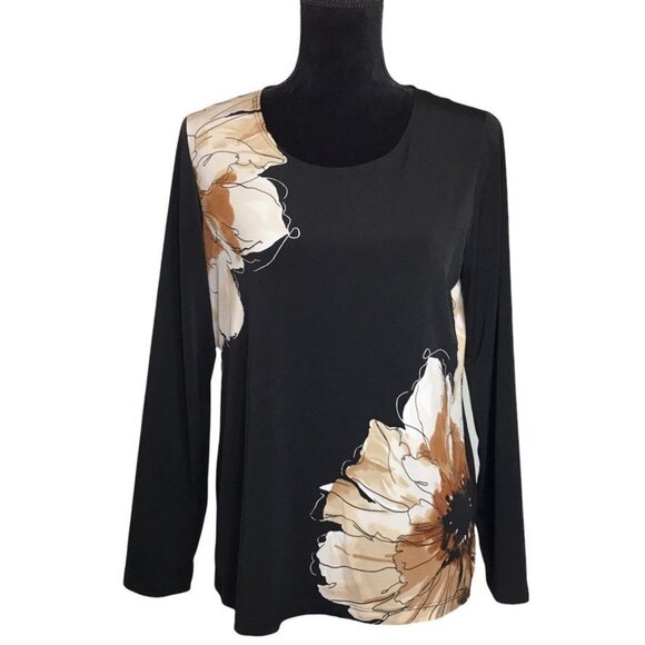 Susan Graver Long Sleeve Scoop Neck Top in Black/Brown - Size Small - Picture 1 of 5